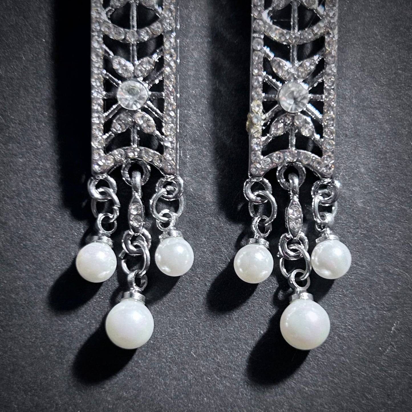 Long Rectangle Art Deco/Art Nouveau Pearls & Cubic Zirconia Silver Earrings