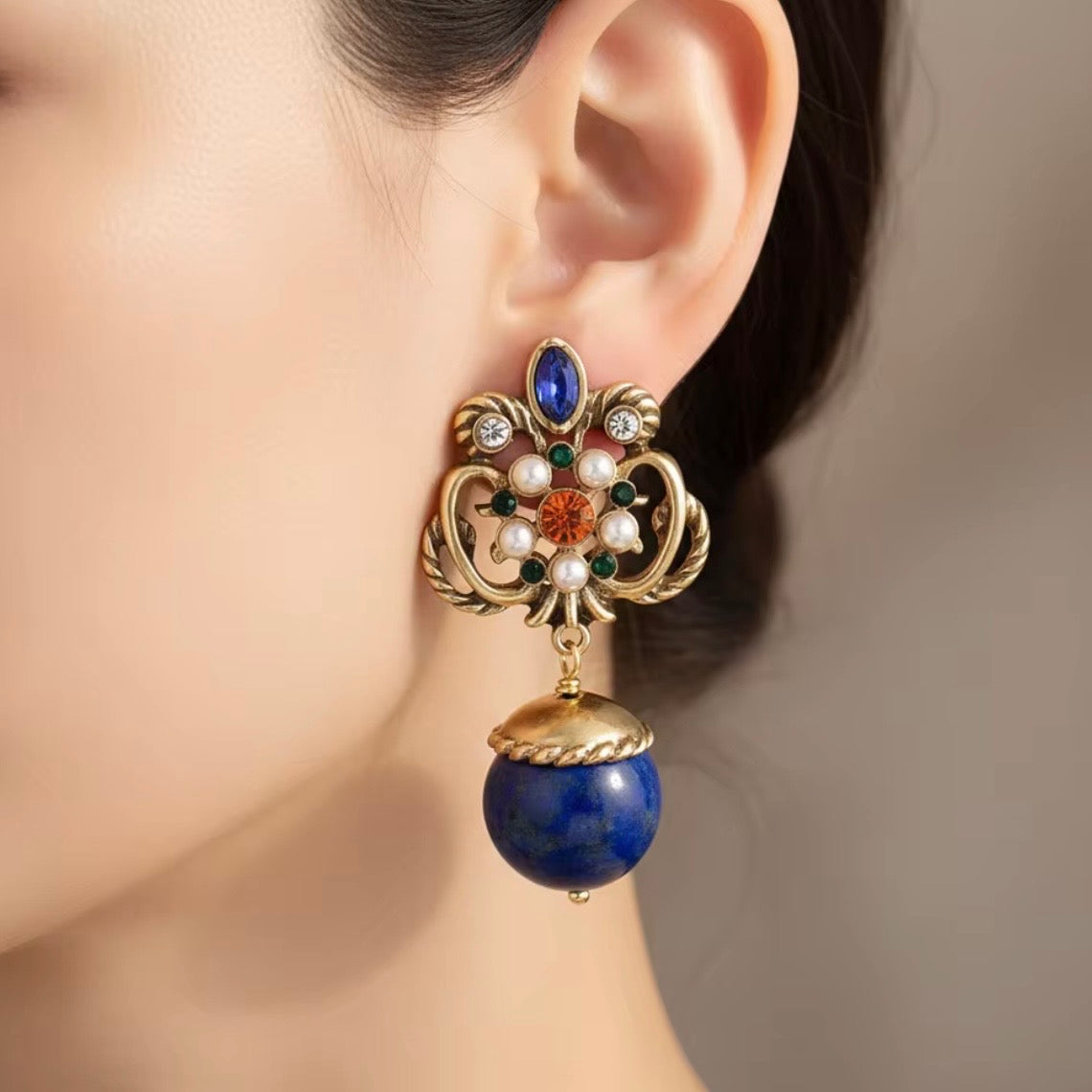 Ornate Lapis Lazuli & Gold Statement Earrings