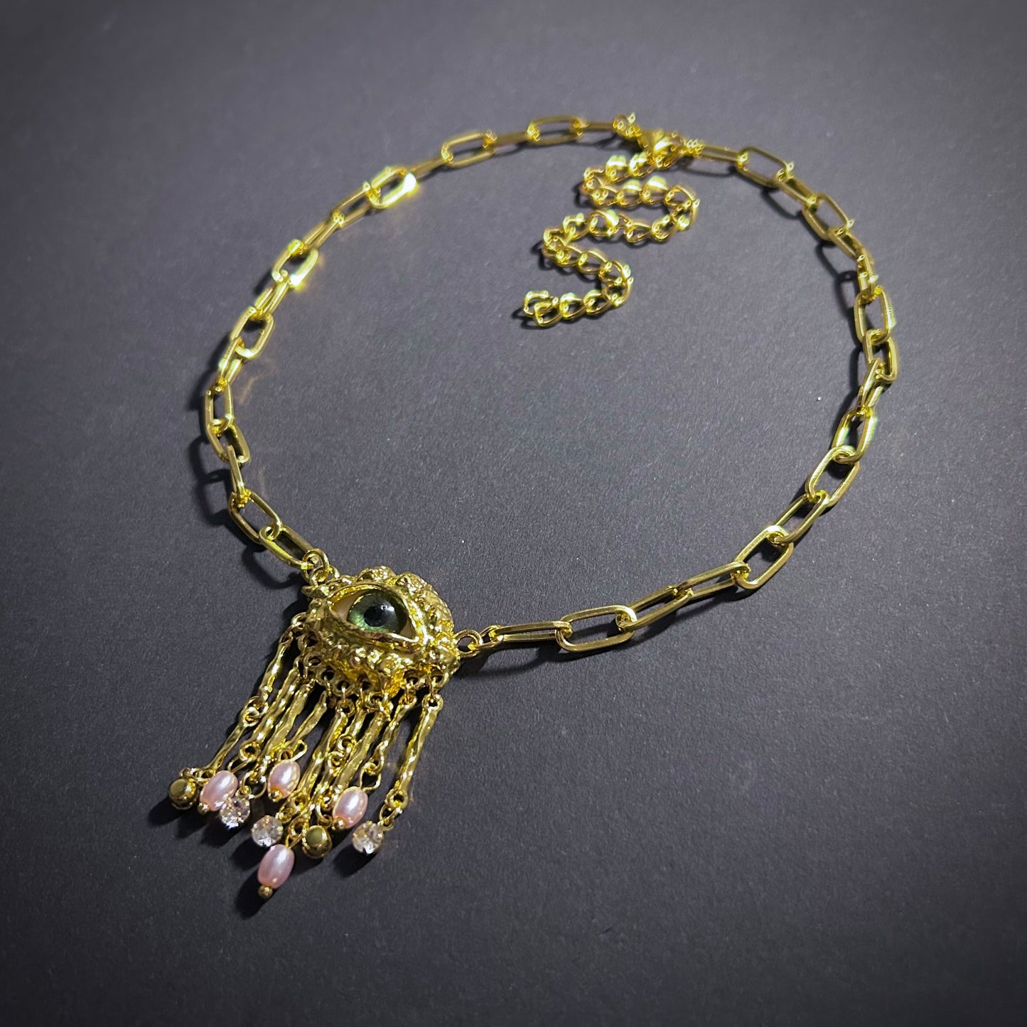 Green Eyes & Baroque Pearl Gold Fringe Pendant Surrealist Necklace