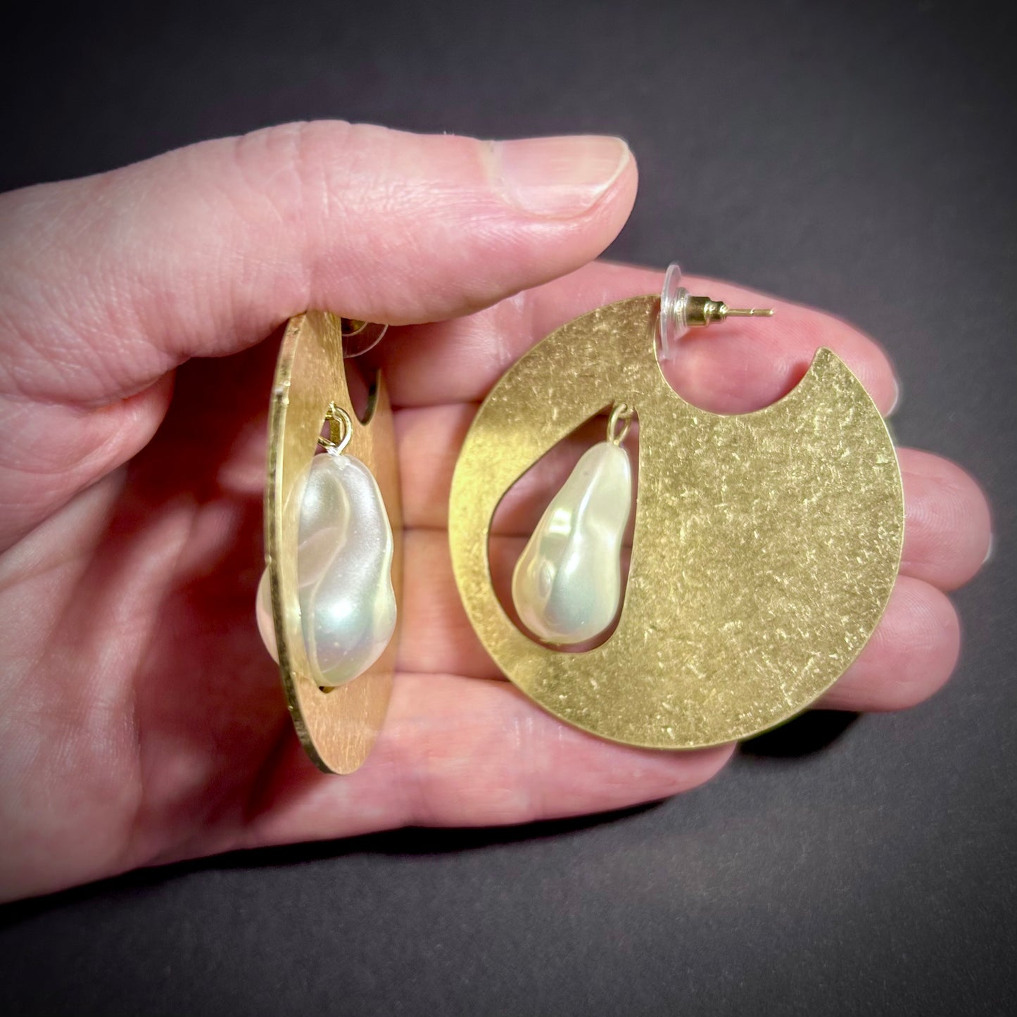 Gold Solid Circle & White Teardrop Baroque Pearl Earrings