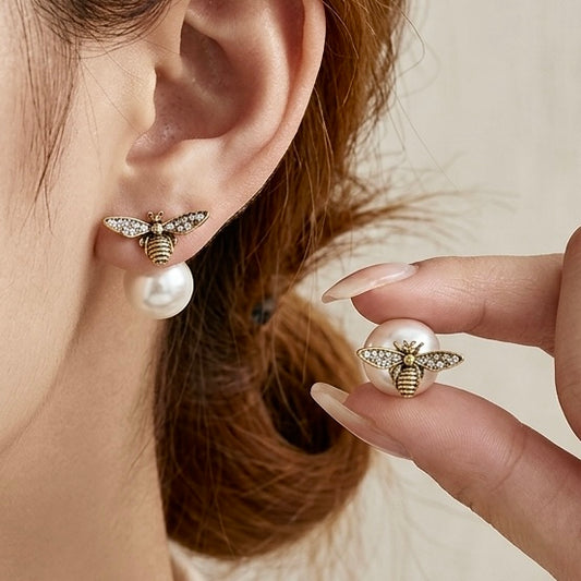 Gold Rhinestone Bee Earrings with White Pearl Back Stopper