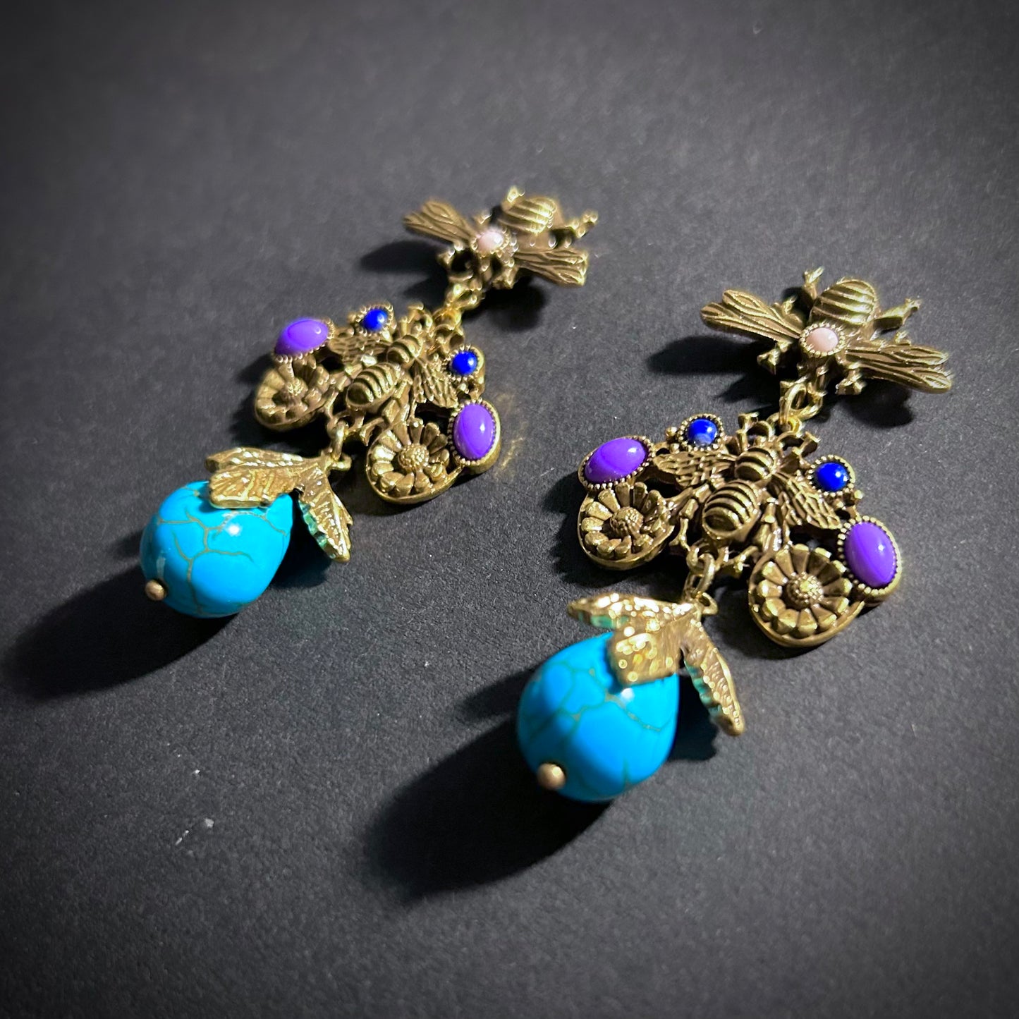 Baroque Revival Bee & Turquoise Teardrop Statement Earrings
