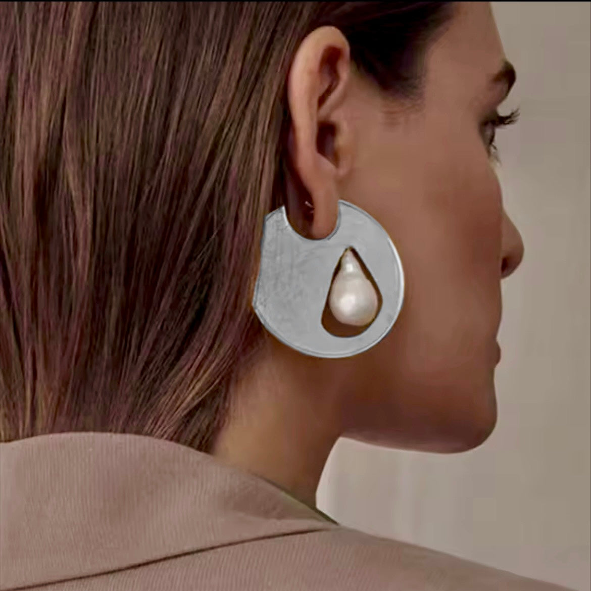 Silver Solid Circle & White Teardrop Baroque Pearl Earrings