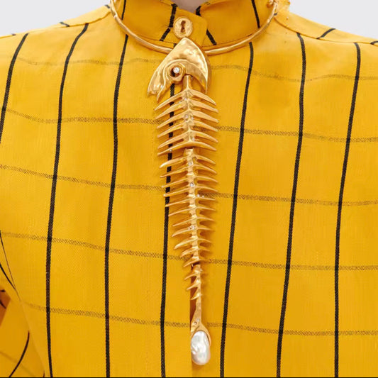 Fishbone & Baroque Pearl Statement Necklace in Gold
