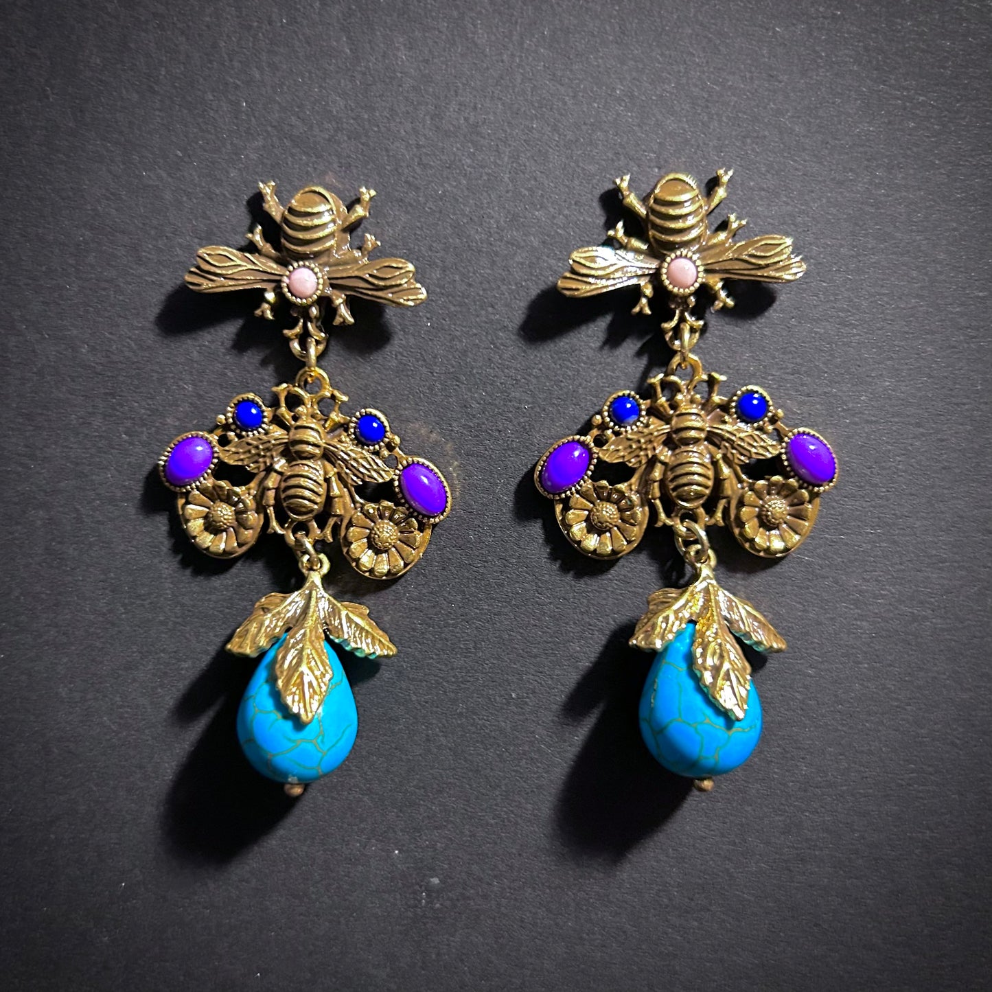 Baroque Revival Bee & Turquoise Teardrop Statement Earrings