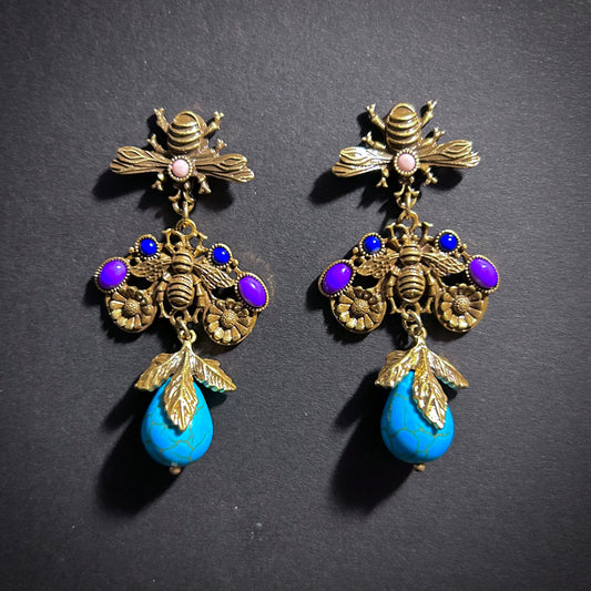 Baroque Revival Bee & Turquoise Teardrop Statement Earrings