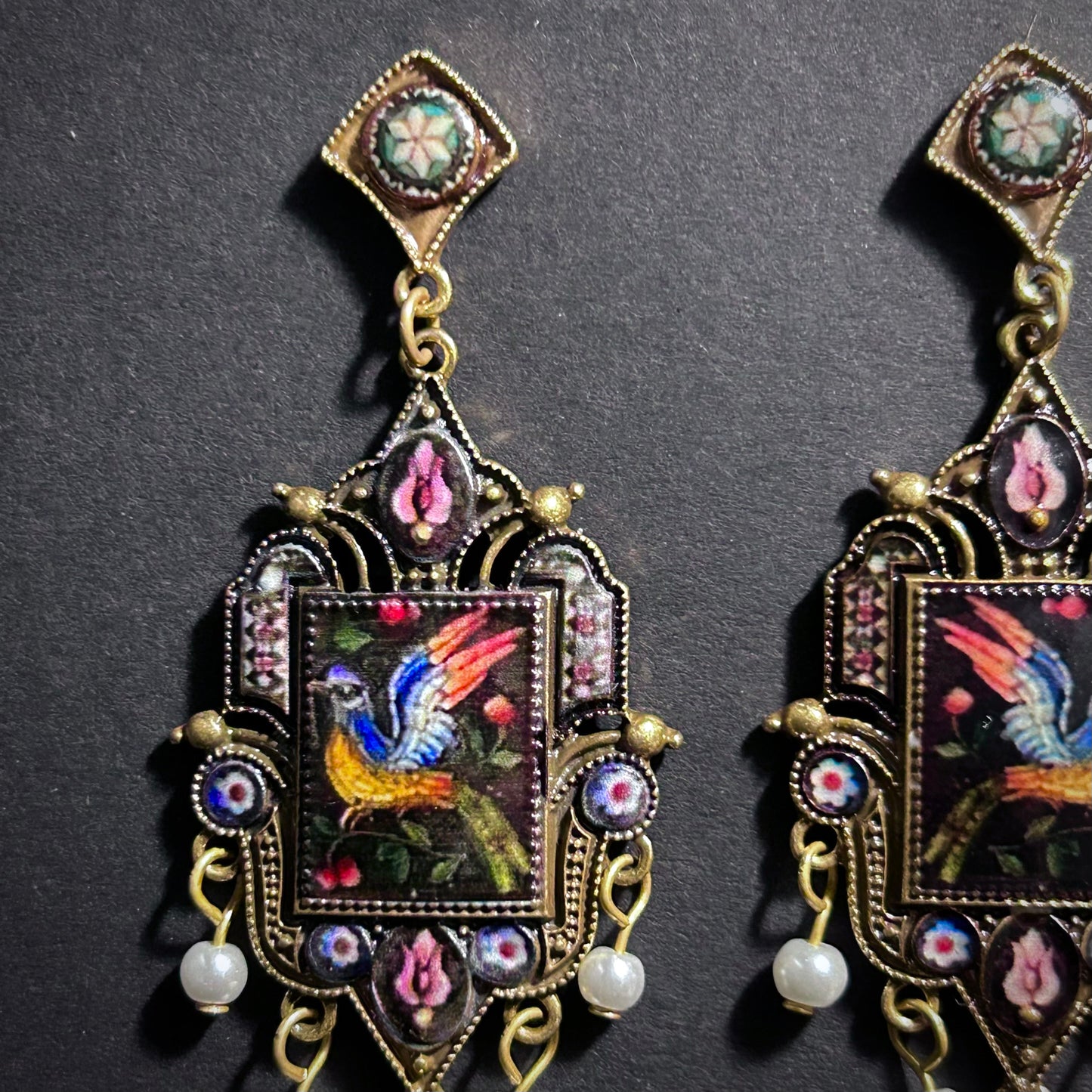 Art Nouveau Black Bird Enamel Miniature Painting & Milgrain Earrings