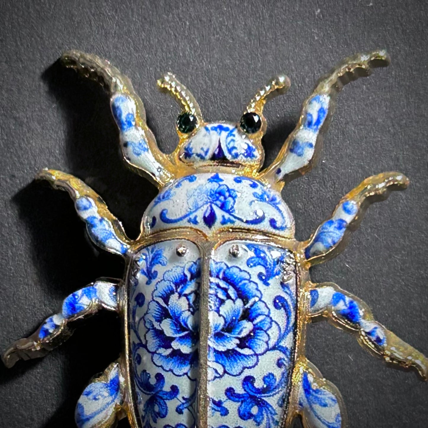 White & Blue Porcelain Enamel Gold Beetle Brooch