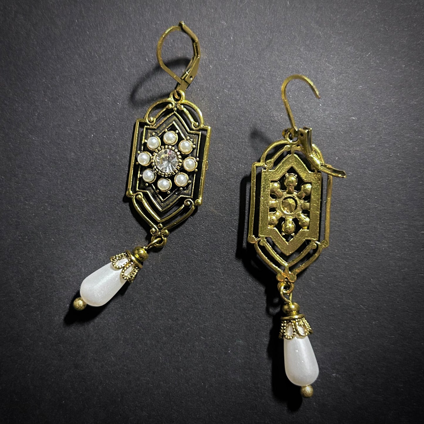 Art Nouveau Pearl & Rhinestone Geometric Gold Earrings