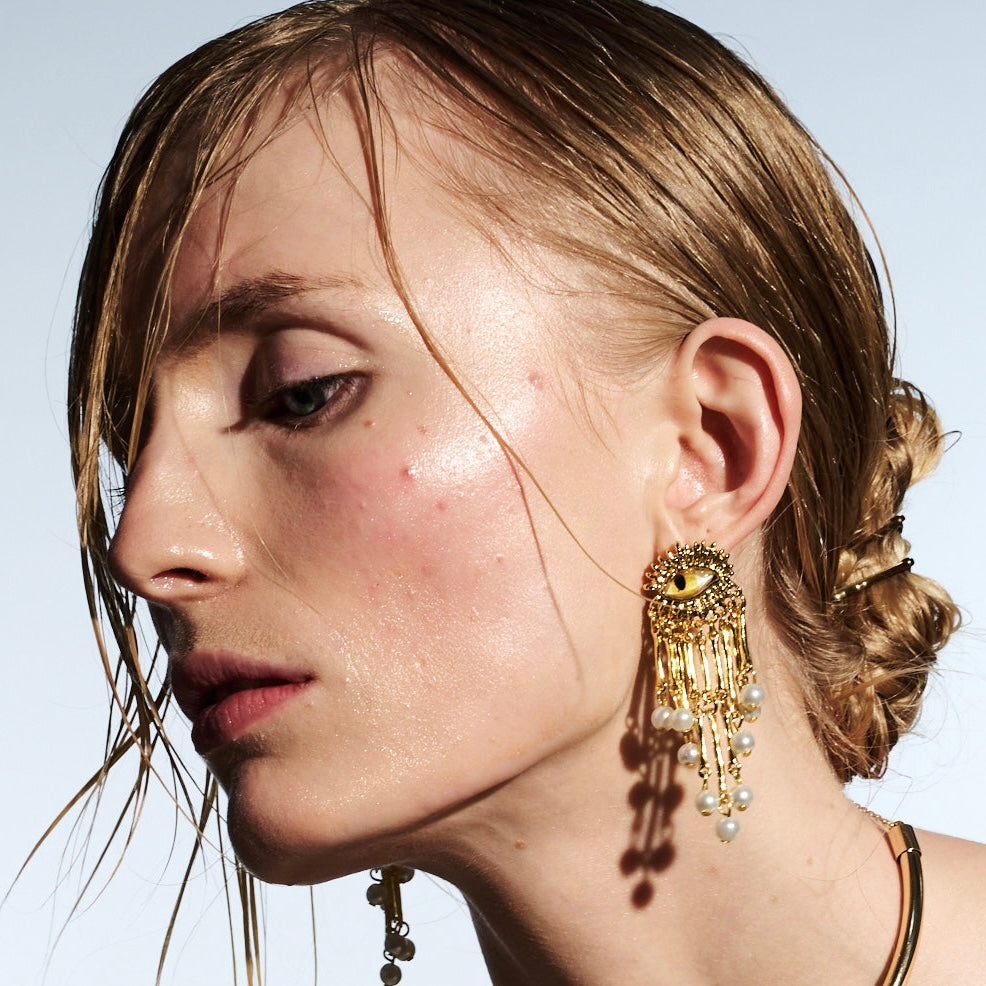 Golden Eyes & Pearls Fringe Gold Surrealist Earrings