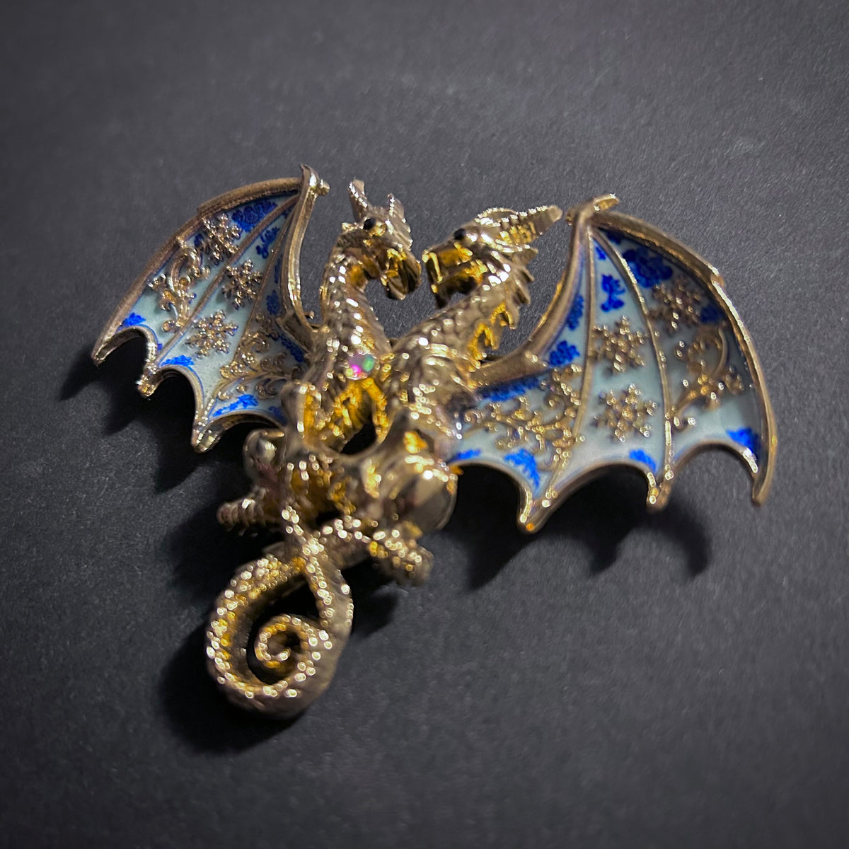 White & Blue Porcelain Enamel Gold Dragon Brooch