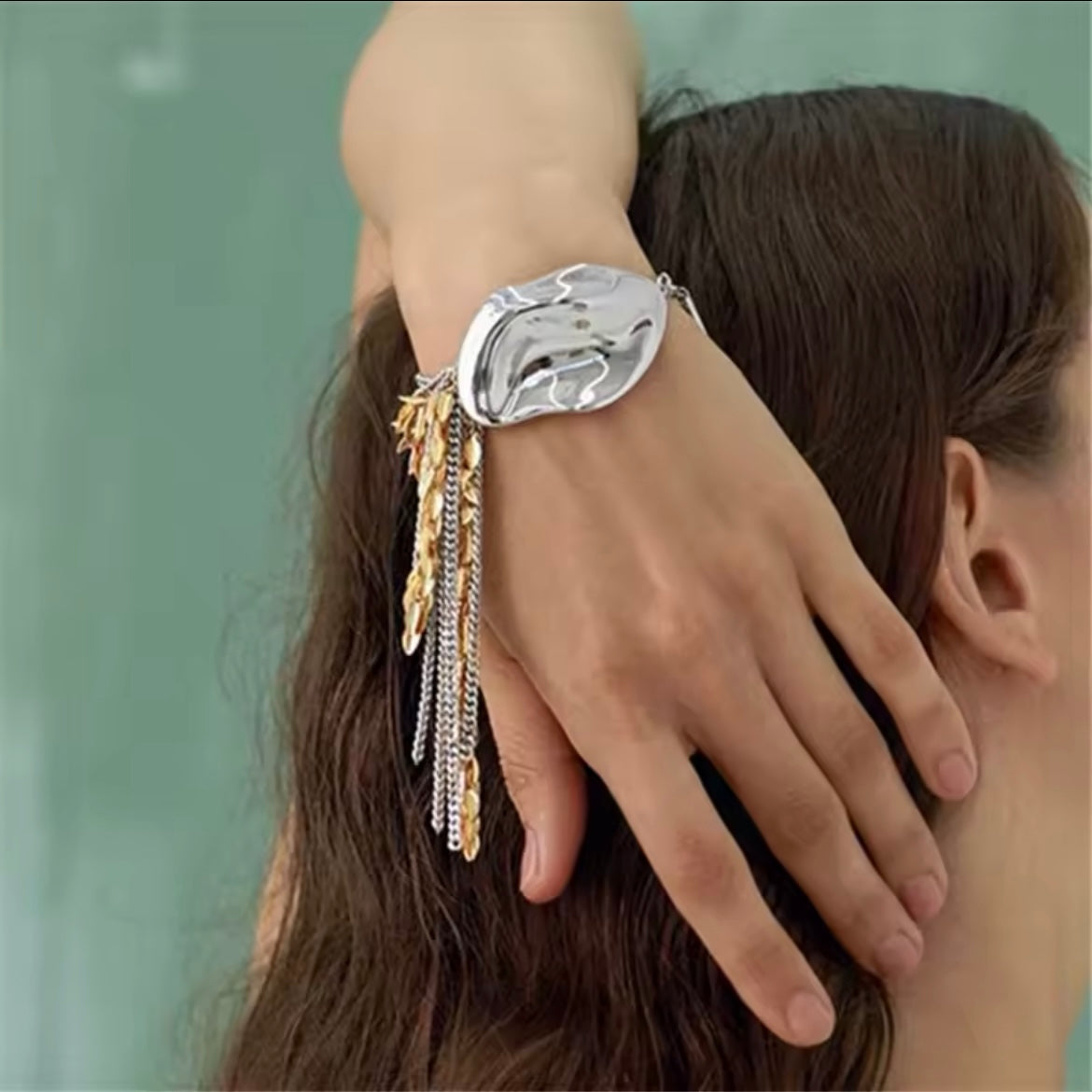 Leaves & Chain Organic Shaped Mixed Metal Statement Bracelet