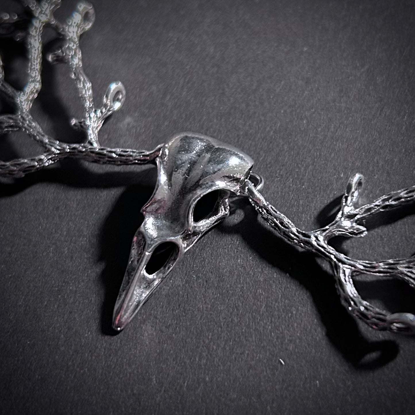 Raven Skull & Branch Silver Necklace