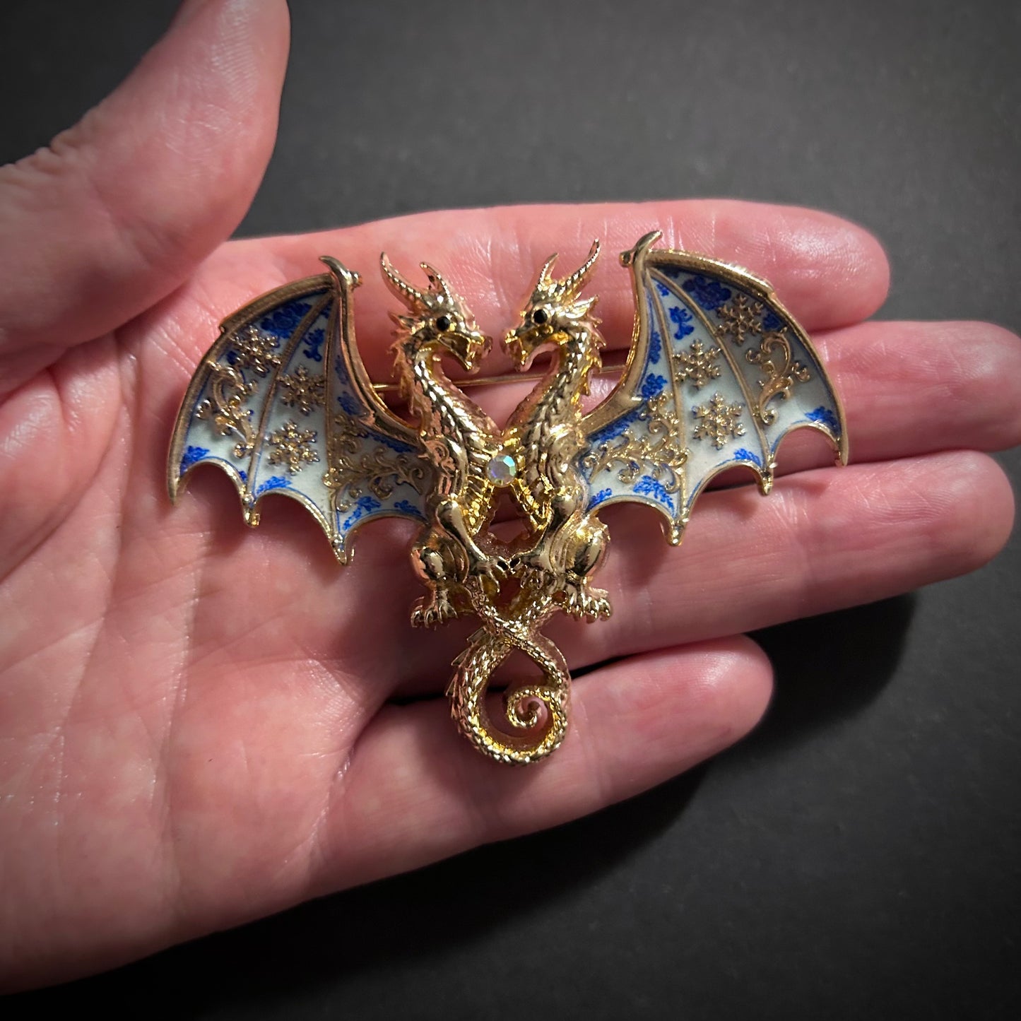 White & Blue Porcelain Enamel Gold Dragon Brooch