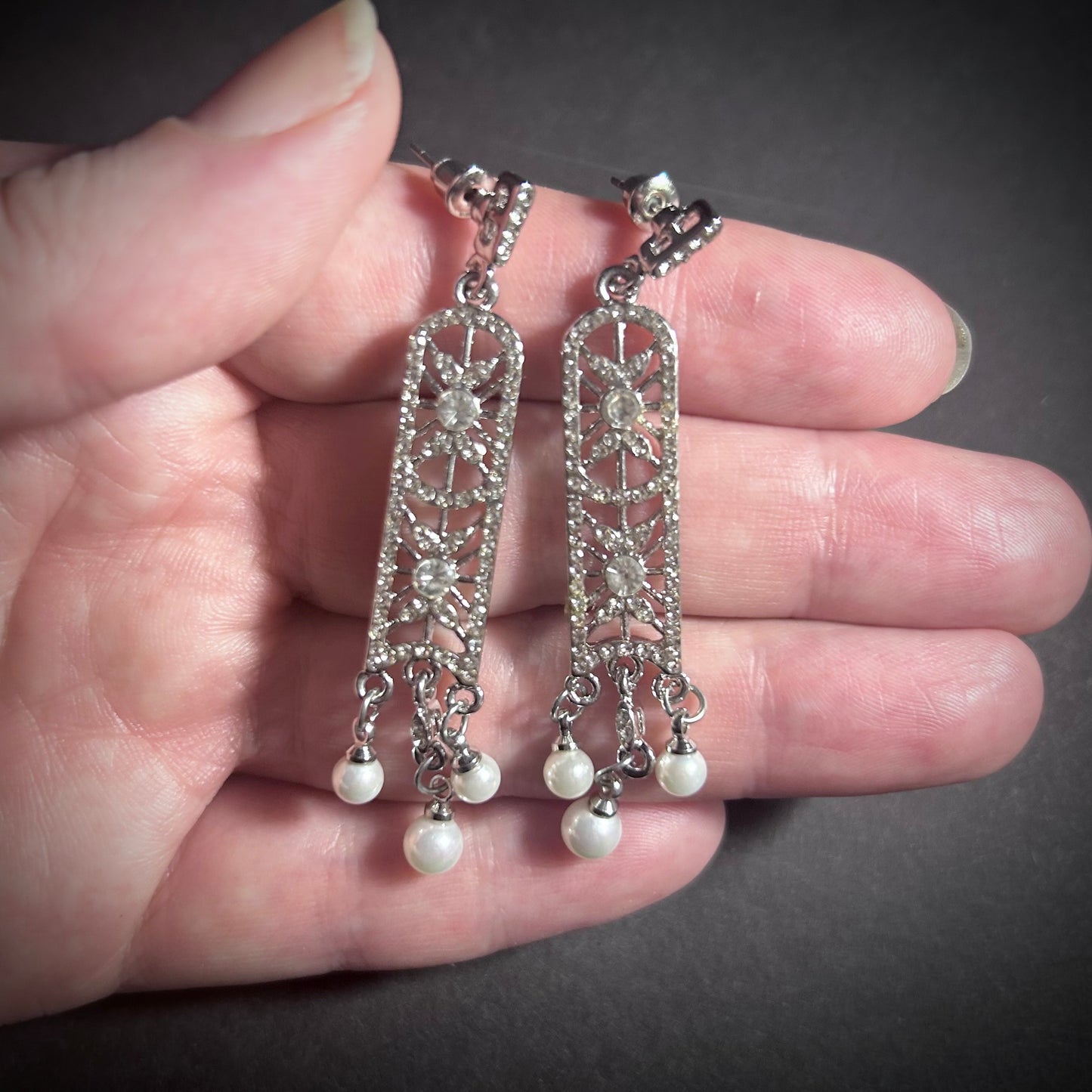 Long Rectangle Art Deco/Art Nouveau Pearls & Cubic Zirconia Silver Earrings