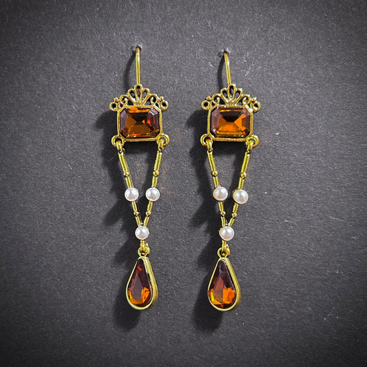 Art Nouveau Amber Brown Rhinestone & White Pearl Gold Earrings