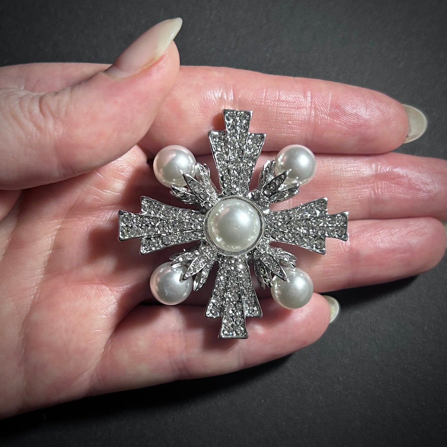 Art Deco Silver and Pearl Maltese Cross Rhinestone Brooch