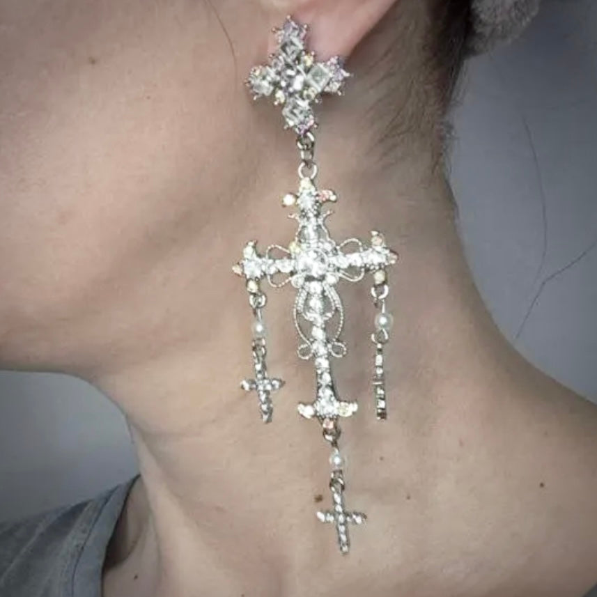 Cross Chandelier Earrings in Silver & Rhinestones