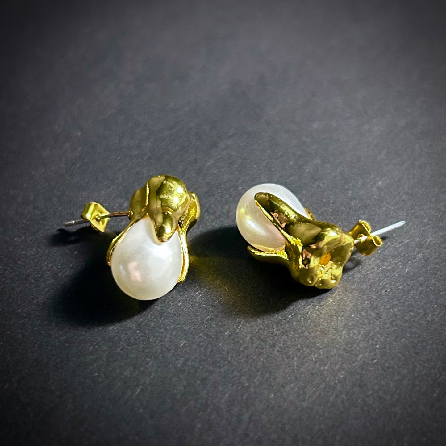 Gold Tooth & White Pearl Stud Earrings