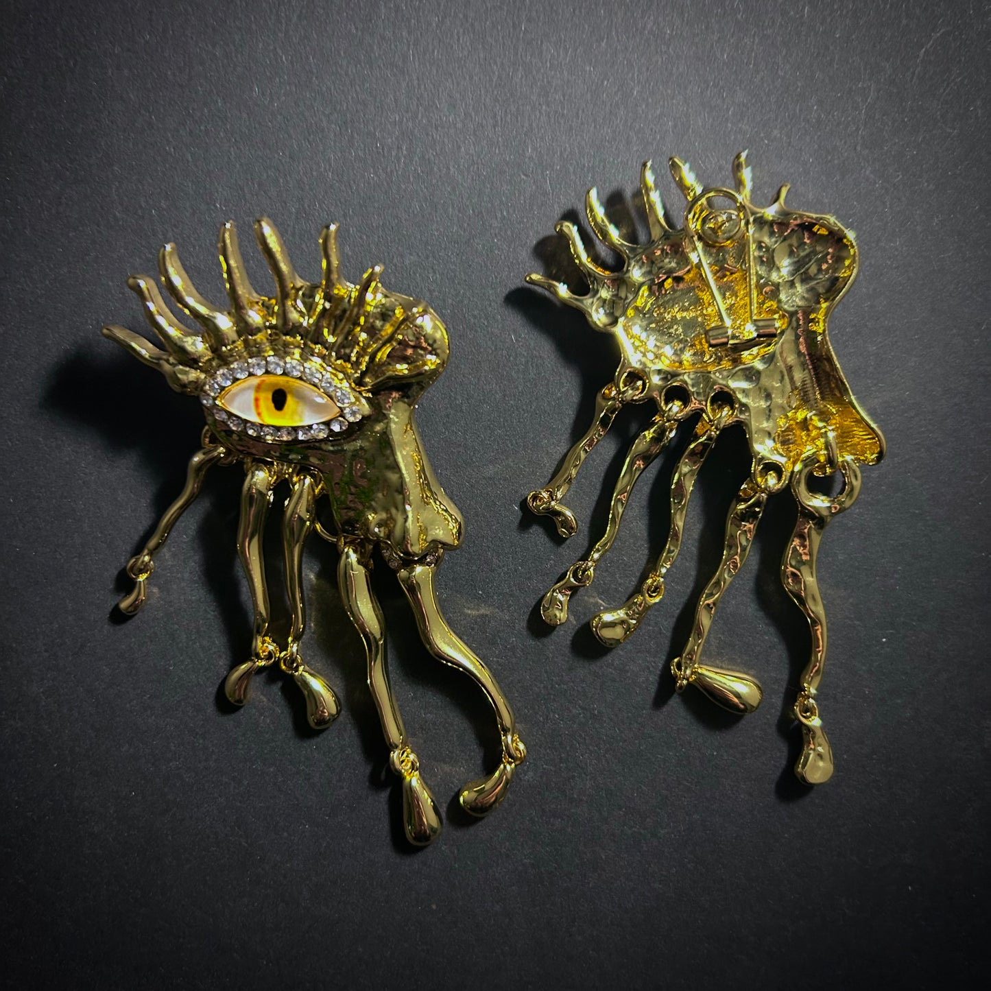 Yellow Eye Dripping Metal Fringe, Gold & Rhinestones Surrealist Earrings