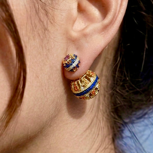 Byzantine Revival Multi-Color & Gold Hollow Orb Filigree Earrings with Back Stopper