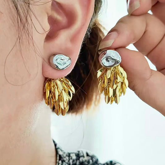 Leaves Ear Jacket & Organic Shaped Stud Mixed Metal Tassel Earrings