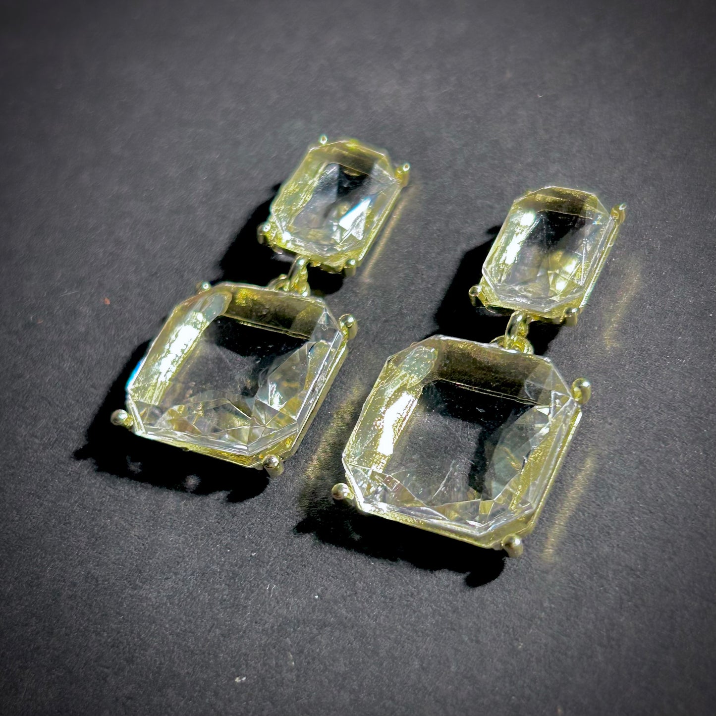 Ice Cubes Double Square Transparent & Gold Earrings