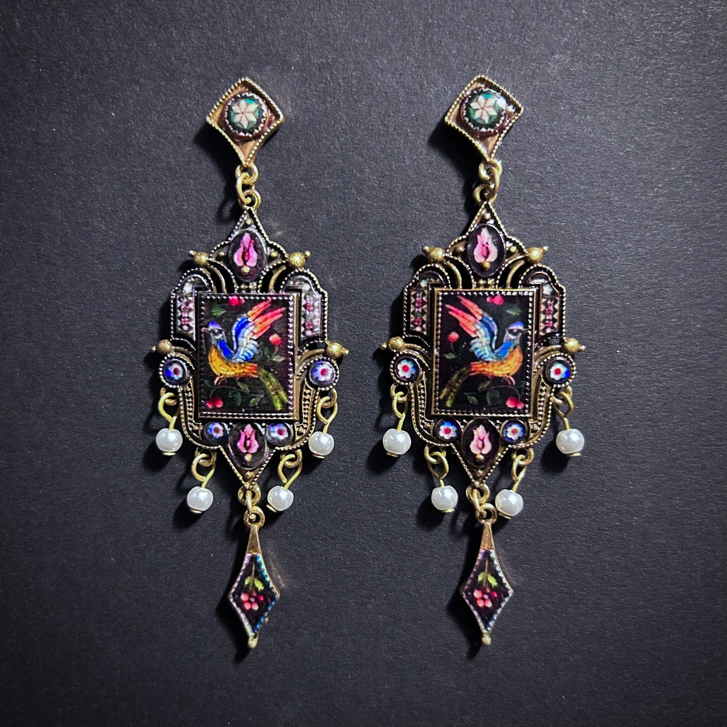 Art Nouveau Black Bird Enamel Miniature Painting & Milgrain Earrings