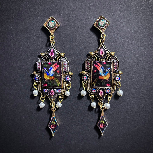 Art Nouveau Black Bird Enamel Miniature Painting & Milgrain Earrings