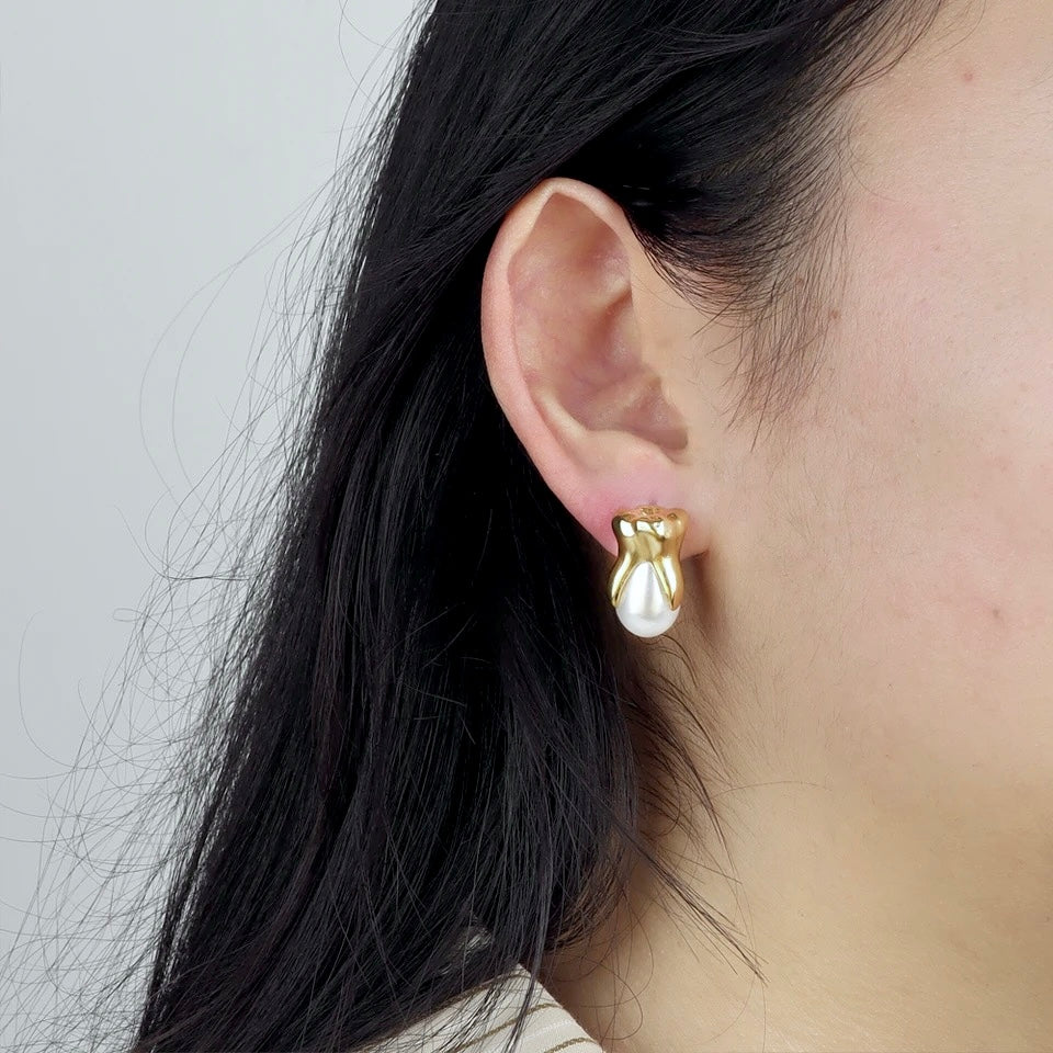 Gold Tooth & White Pearl Stud Earrings