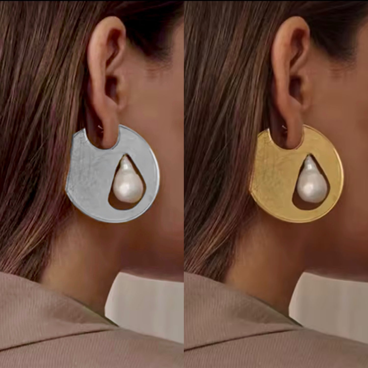 Gold Solid Circle & White Teardrop Baroque Pearl Earrings