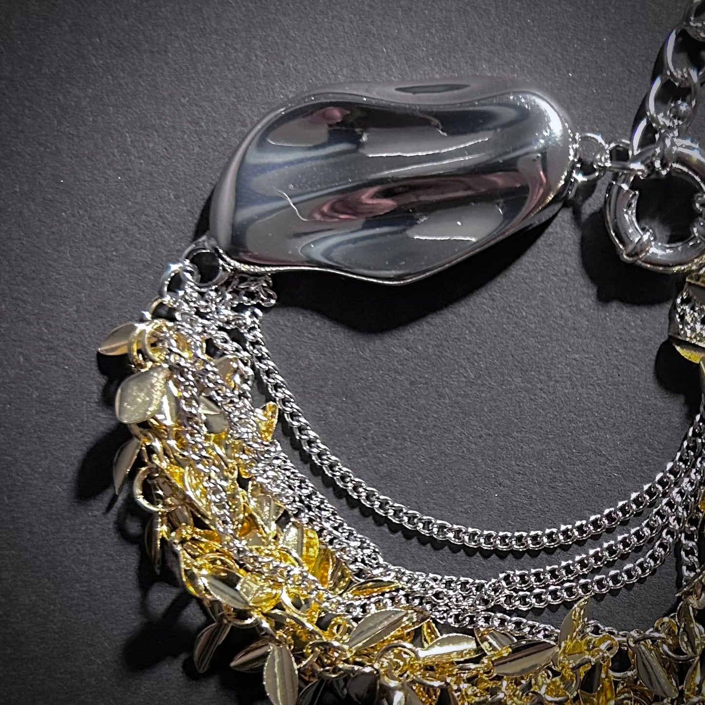 Leaves & Chain Organic Shaped Mixed Metal Statement Bracelet