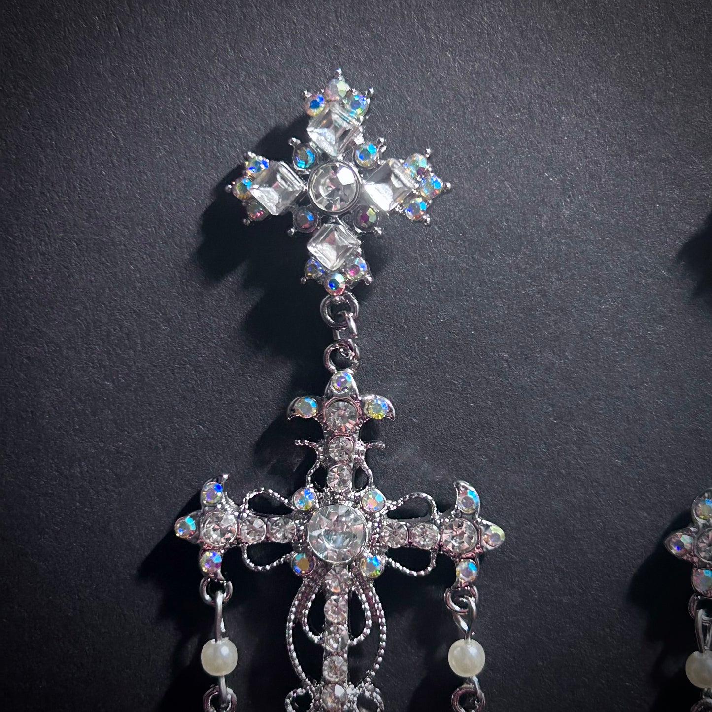 Cross Chandelier Earrings in Silver & Rhinestones