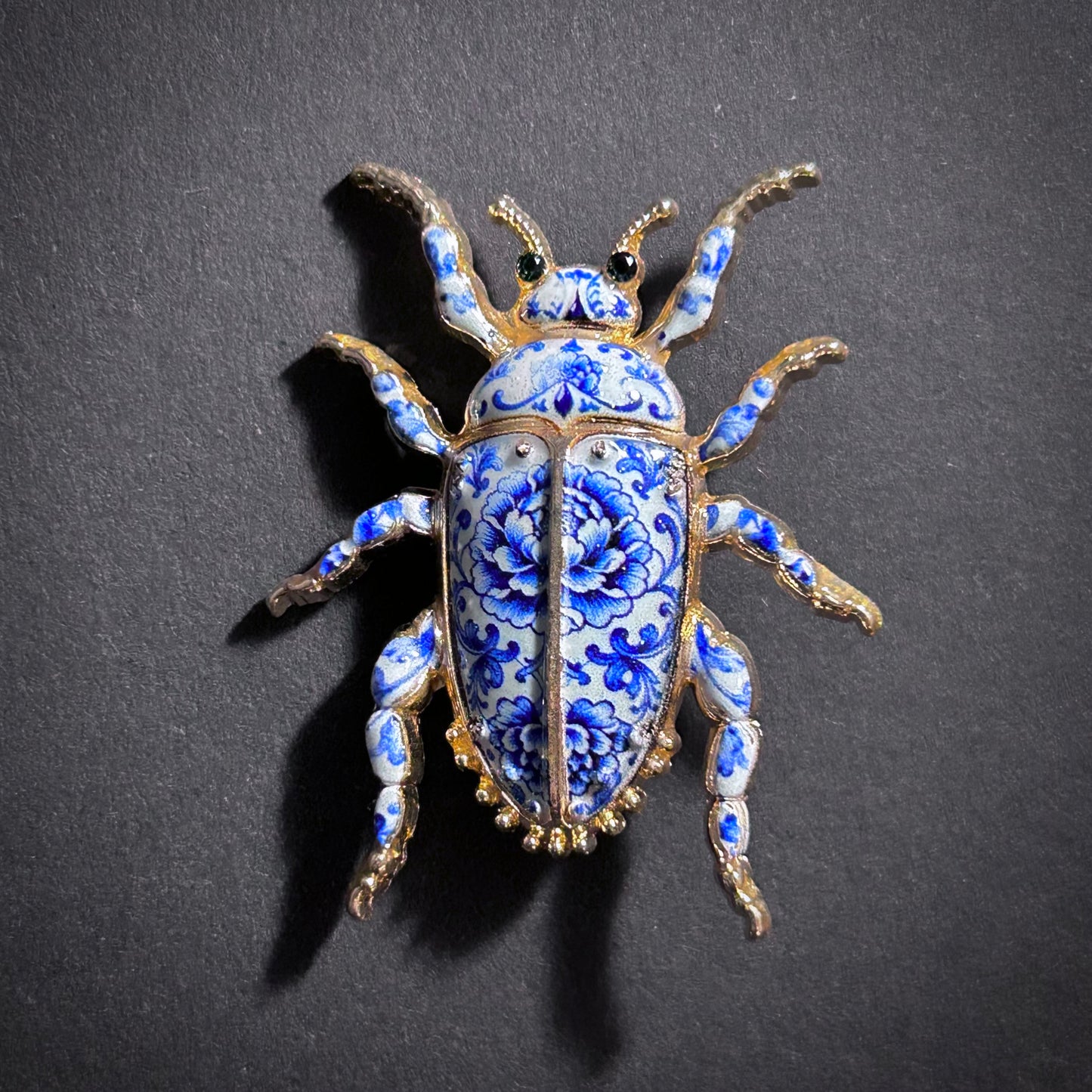 White & Blue Porcelain Enamel Gold Beetle Brooch