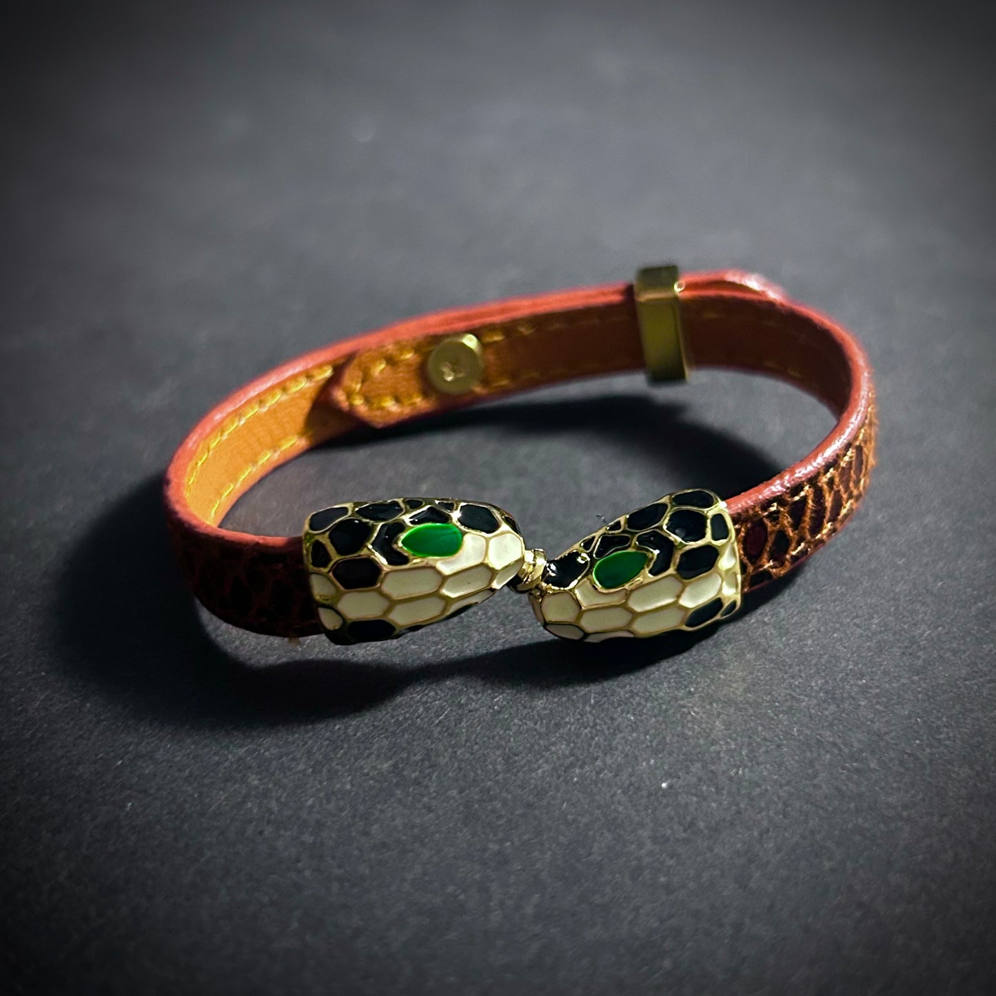 Enamel Snake Head & Brown Snake Skin Embossed Leather Bracelet