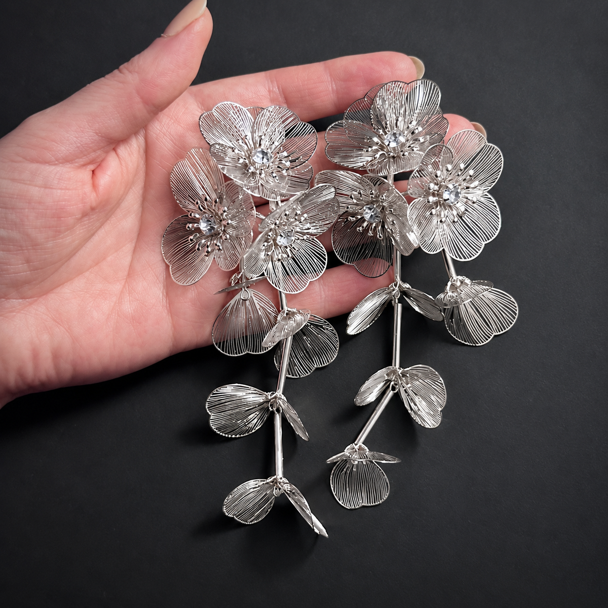 Light Flower Cluster Falling Petals Dangle Earrings in Silver