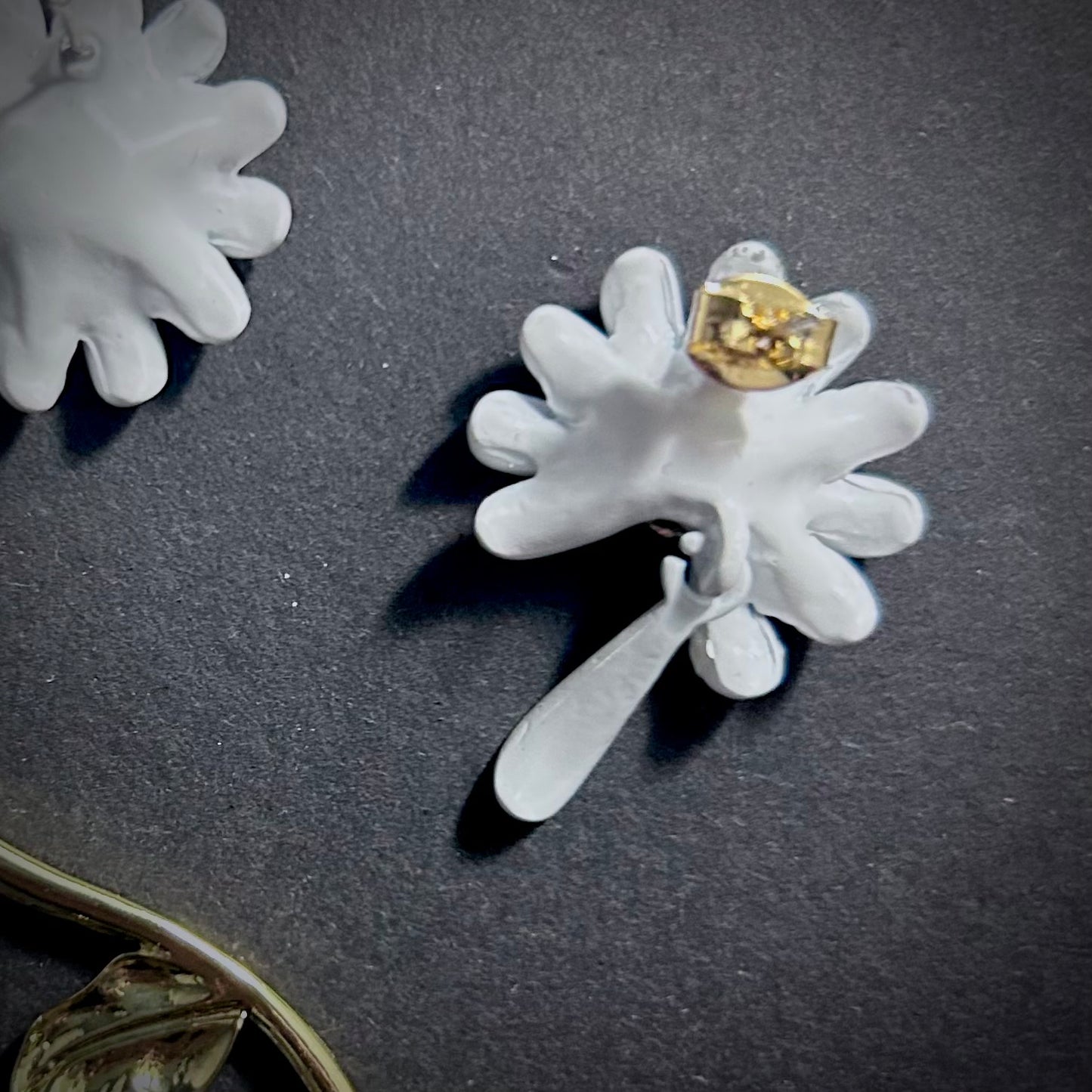 Daisy Flower Asymmetrical White & Gold Falling Petal Stud Earrings