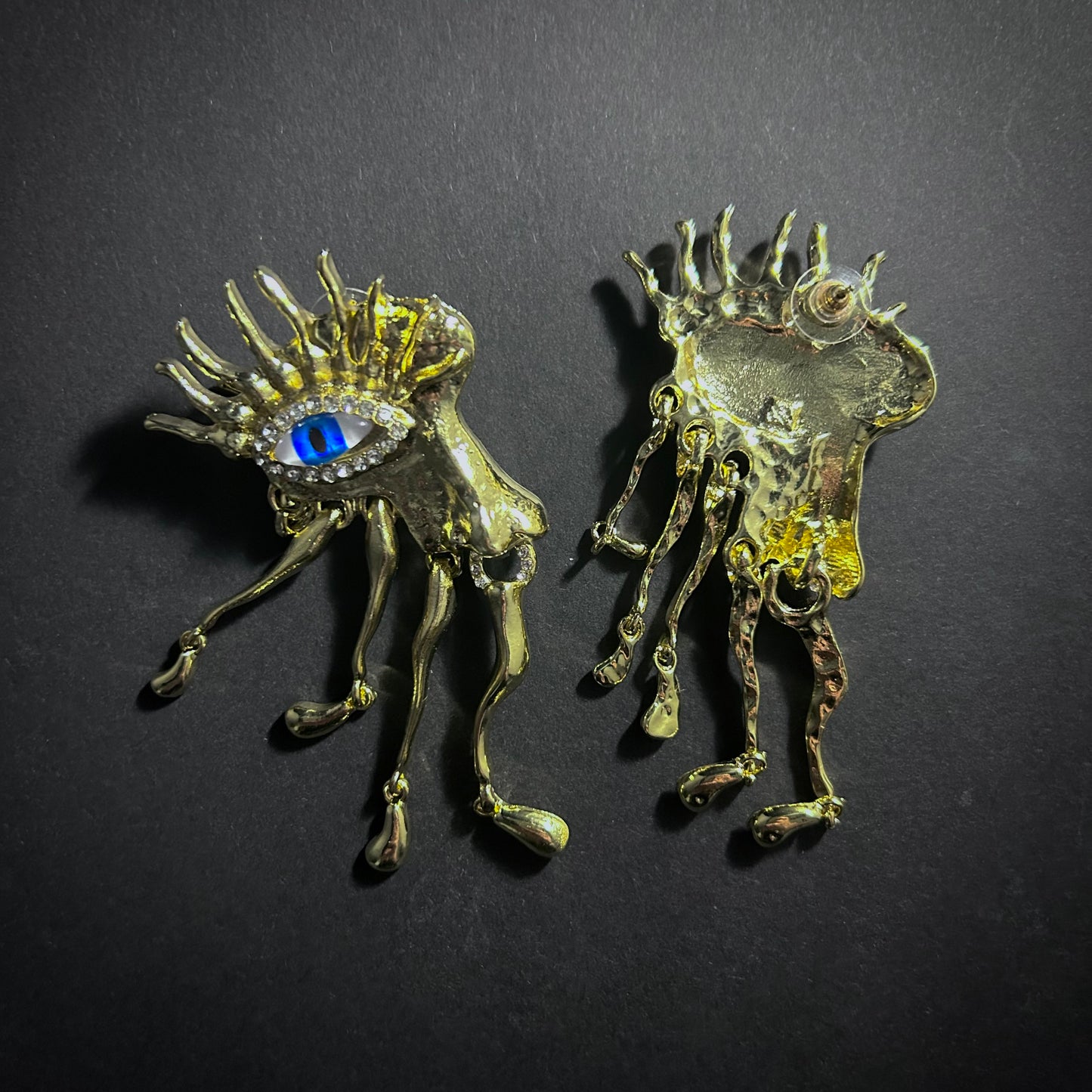 Blue Eyes & Dripping Metal Gold Fringe Surrealist Earrings