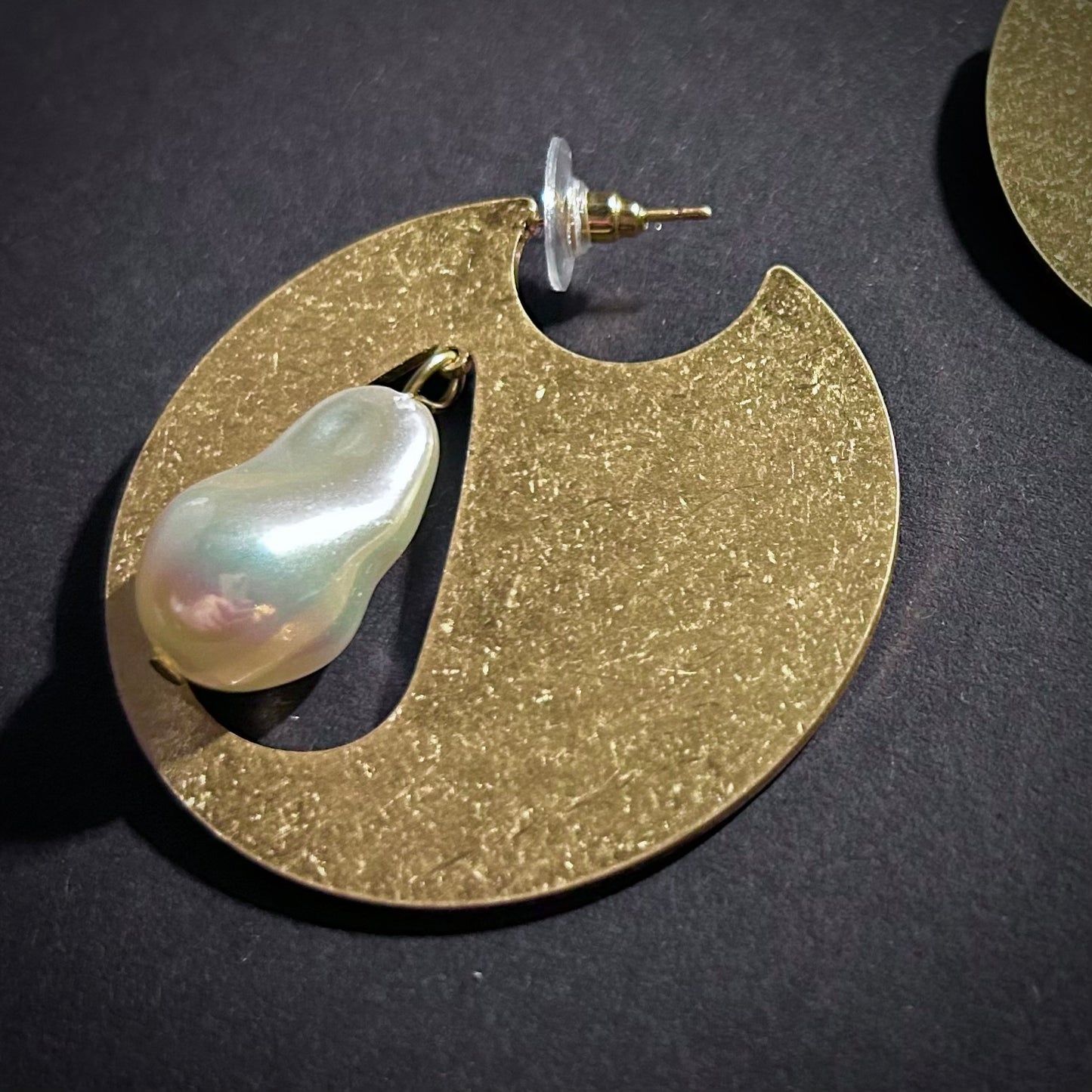 Gold Solid Circle & White Teardrop Baroque Pearl Earrings