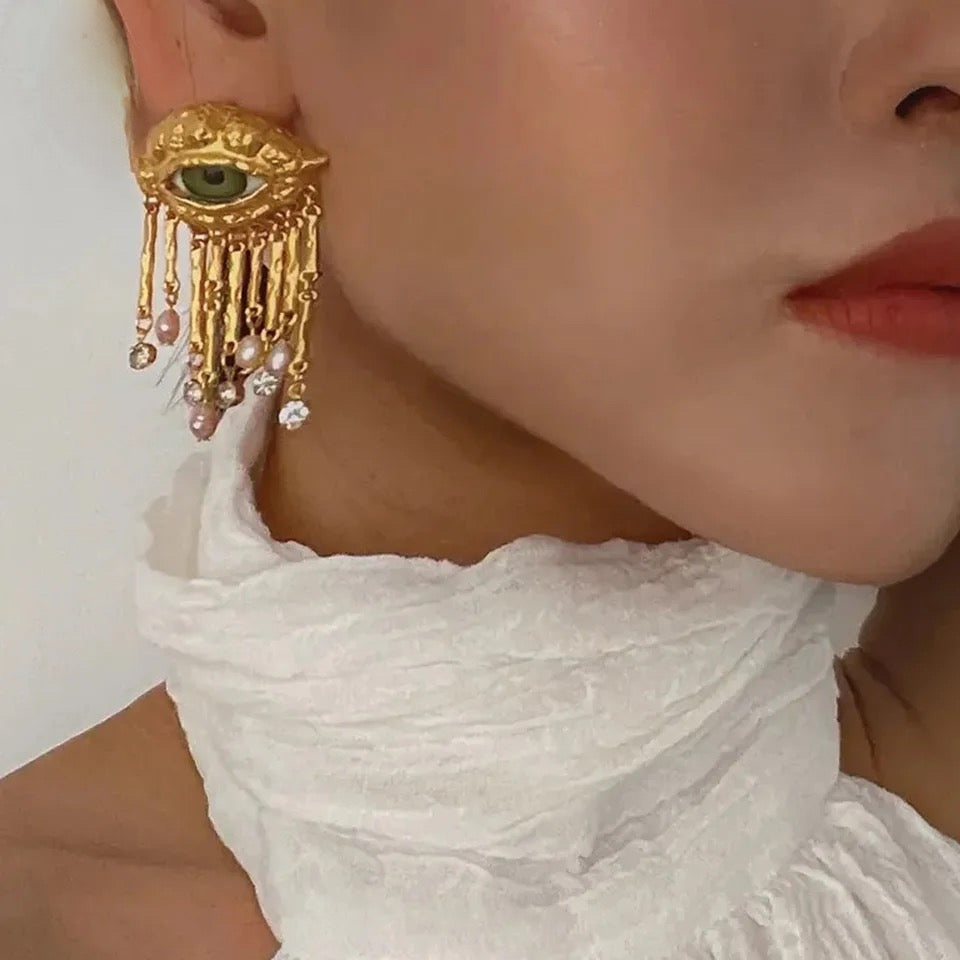 Green Eyes & Baroque Pearl Gold Fringe Surrealist Earrings