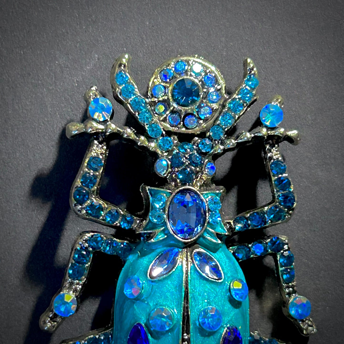 Happy Beetle Brooch with Turquoise Enamel & Rhinestones