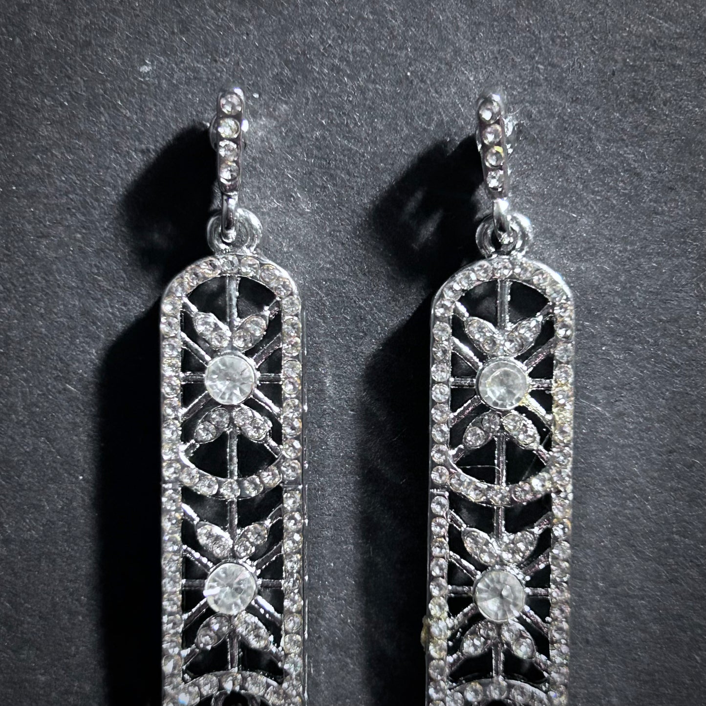 Long Rectangle Art Deco/Art Nouveau Pearls & Cubic Zirconia Silver Earrings