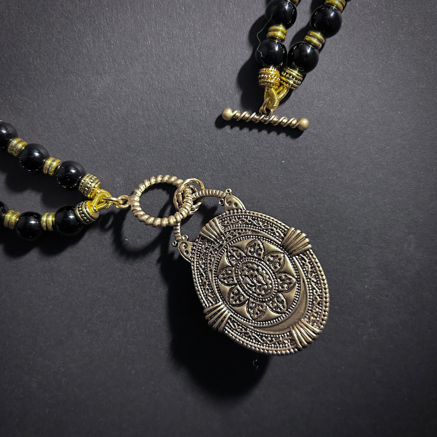 Scarab Beetle Orange Enamel & Antiqued Gold Statement Toggle Necklace