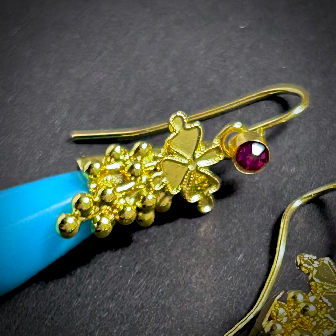 Turquoise Teardrop & Amethyst Rhinestone Gold Hook Earrings