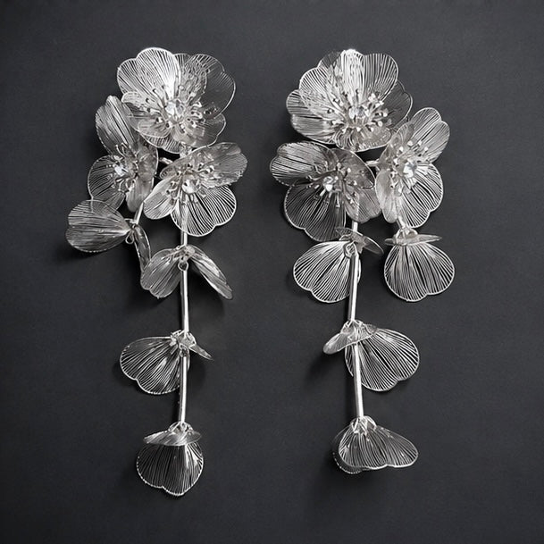 Light Flower Cluster Falling Petals Dangle Earrings in Silver