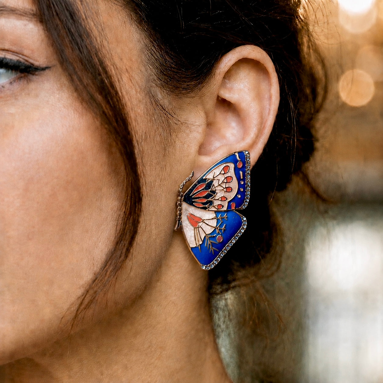 Butterfly Blue & Off-White Cloisonné Enamel Gold Stud Earrings