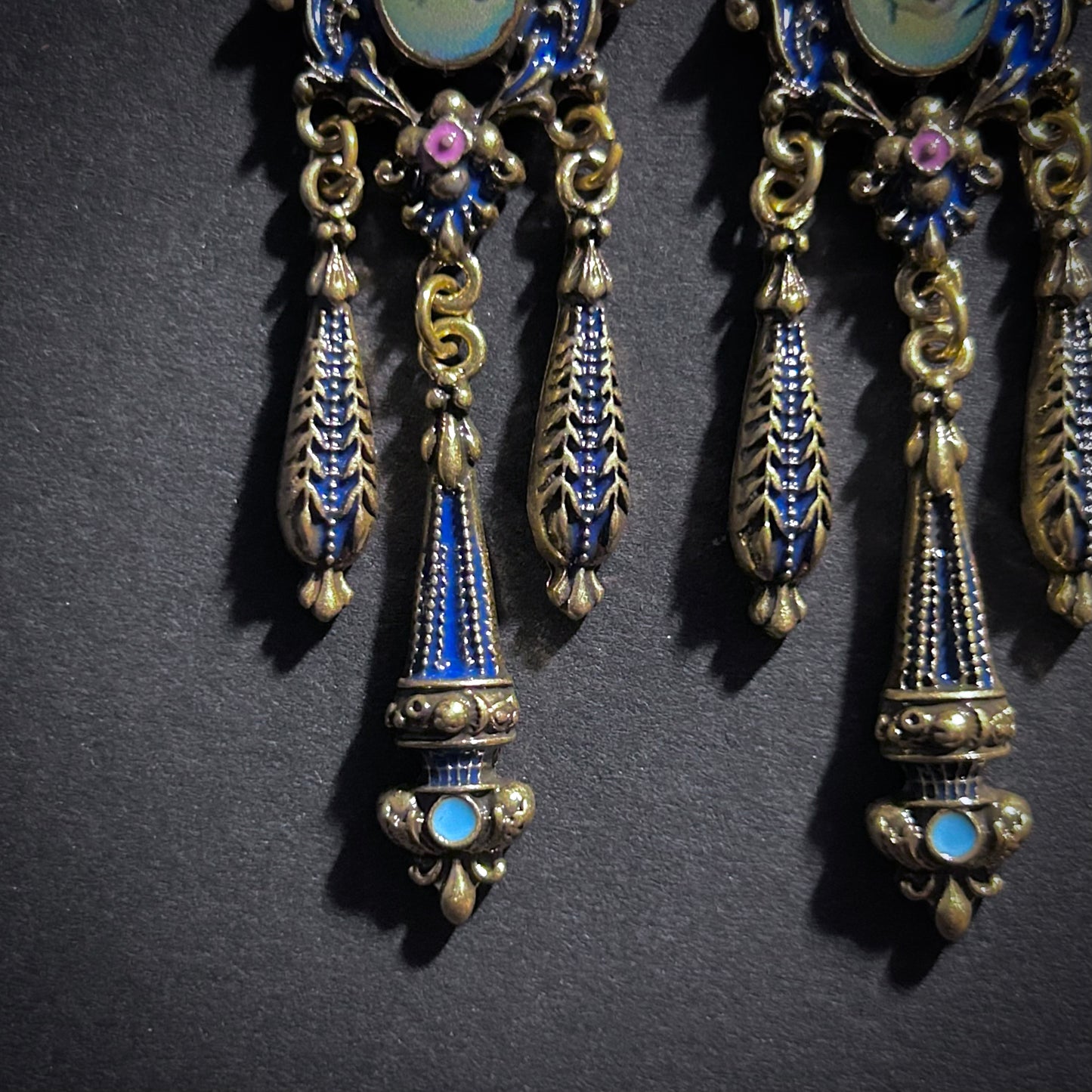 Rococo Enamel, Milgrain & Cherub Chandelier Earrings in Gold & Dark Blue