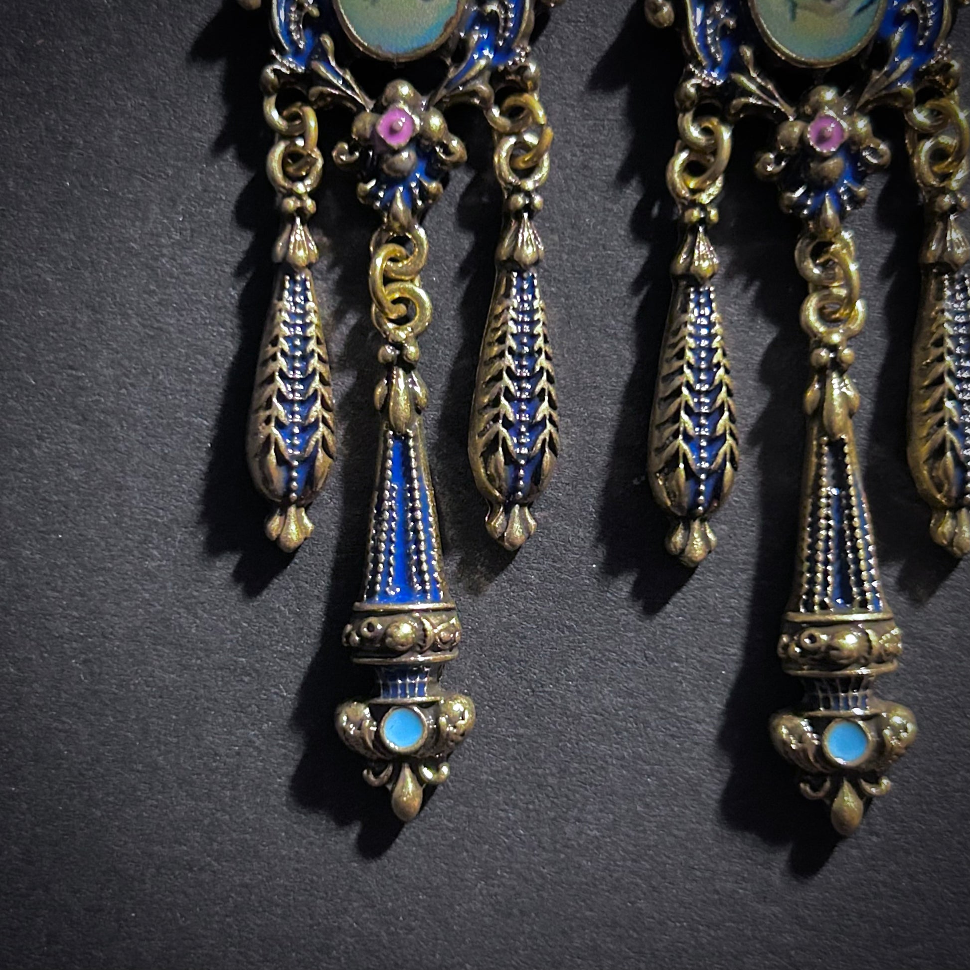 Rococo Enamel, Milgrain & Cherub Chandelier Earrings in Gold & Dark Blue