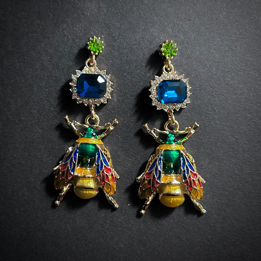 Multicolor Enameled Gold Bee & Petrol Crystal Statement Earrings