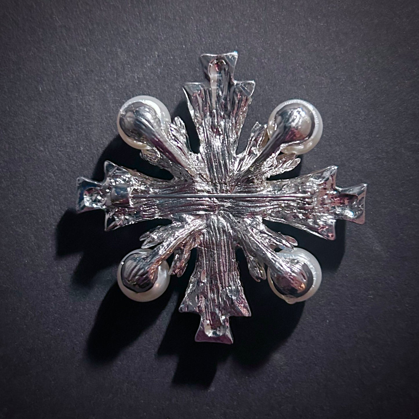 Art Deco Silver and Pearl Maltese Cross Rhinestone Brooch